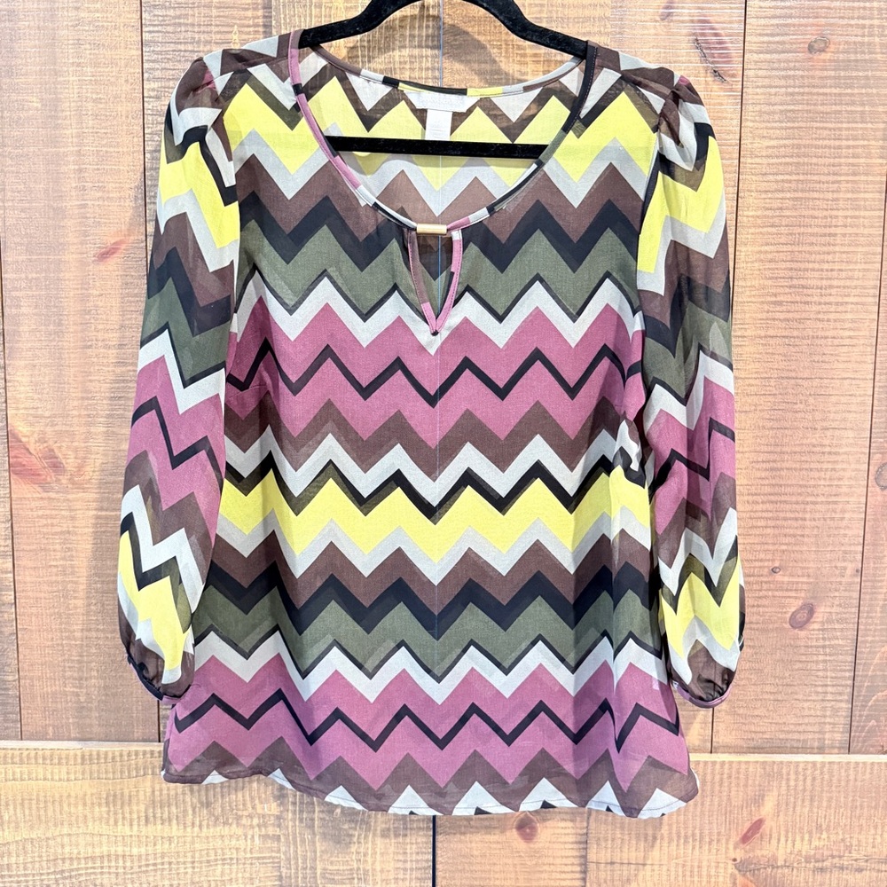 Banana Republic Zigzag Chevron Blouse in Pink, Yellow, Olive & Brown